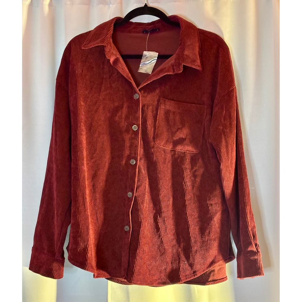 August Sky Womens Burgundy Corduroy Button Down Shirt Long Sleeve Size M Shacket